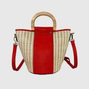 Sac à main en raphia naturel et cuir rouge – Élégance audacieuse & style estival
