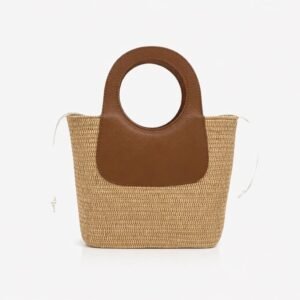 sac en raphia avec poignées en cuir – vert ou camel